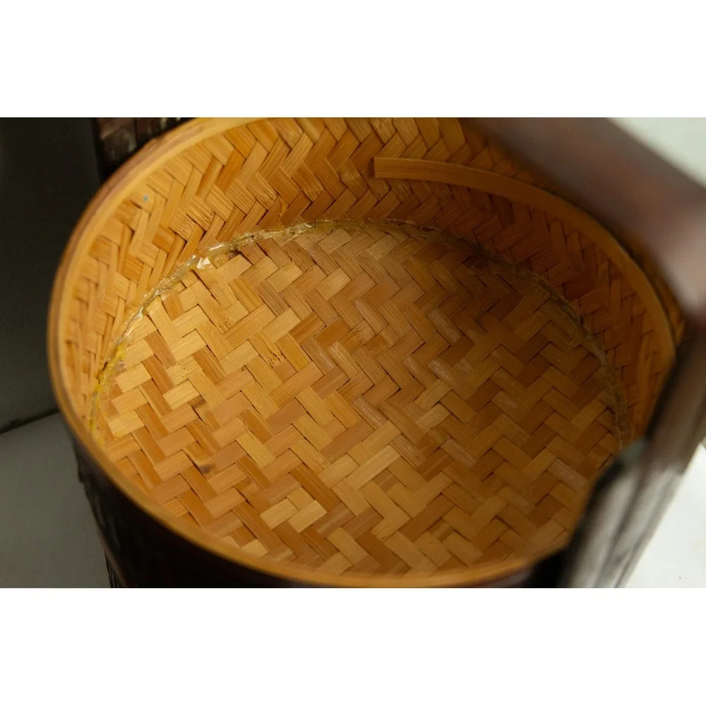Vintage Chinese Wedding Basket 2 Tier Woven Bamboo Lacquered Picnic Carrier